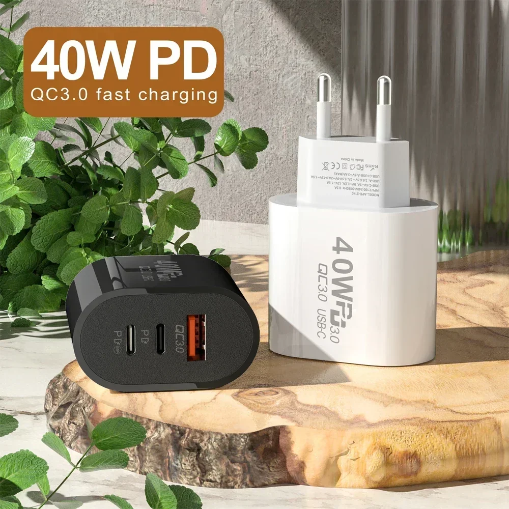 Ładowarka USB typu C o mocy 40 W Podwójny adapter szybkiego ładowania PD Wtyczka UE/USA Do iPhone Samsung Xiaomi Huawei Ładowarka do telefonu Quick