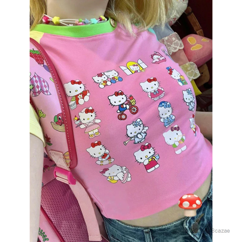 Sanrio Hello Kitty Short Sleeve T-shirts Fashion Contrast Color Crop Tops Women Cartoon Print Cute Short Tees Y2k Summer Clothes