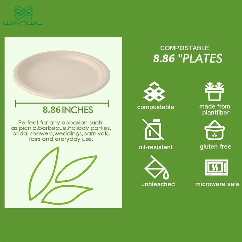 Biodegradable Bagasse Plates - 50 Pack of 22.5cm Round Paper Plates for BBQ, Parties, Dinner, and Picnics