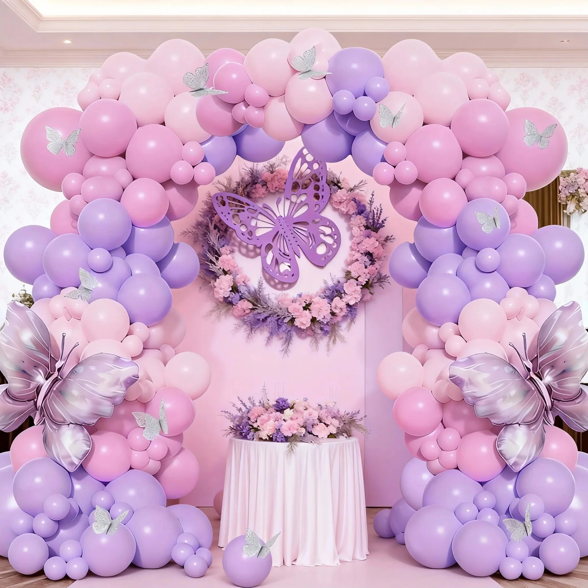 121-teiliges Lavendel-Schmetterlings-Ballon-Set |   Lila Schmetterling mit Maca-Lila und rosa Luftballons, geeignet für Frühlingshochzeiten/Valentinstag/Geburtstage/Babyparty-Hintergrunddekorationsset