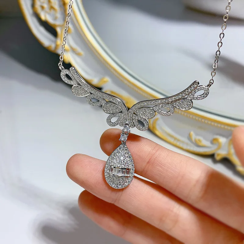 2023 New Fashion Angel Wings High Carbon Diamond Necklace 925 Sterling Silver Collar Chain for Women