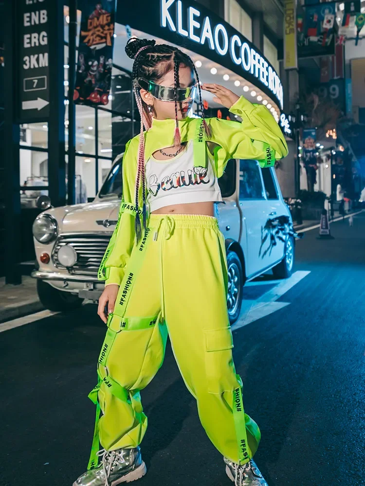 

Модная крутая городская детская одежда ZZL, наряды K-pop для сцены, одежда Y2K, блестящий зеленый костюм, для джазовых уличных танцев, подиумных представлений