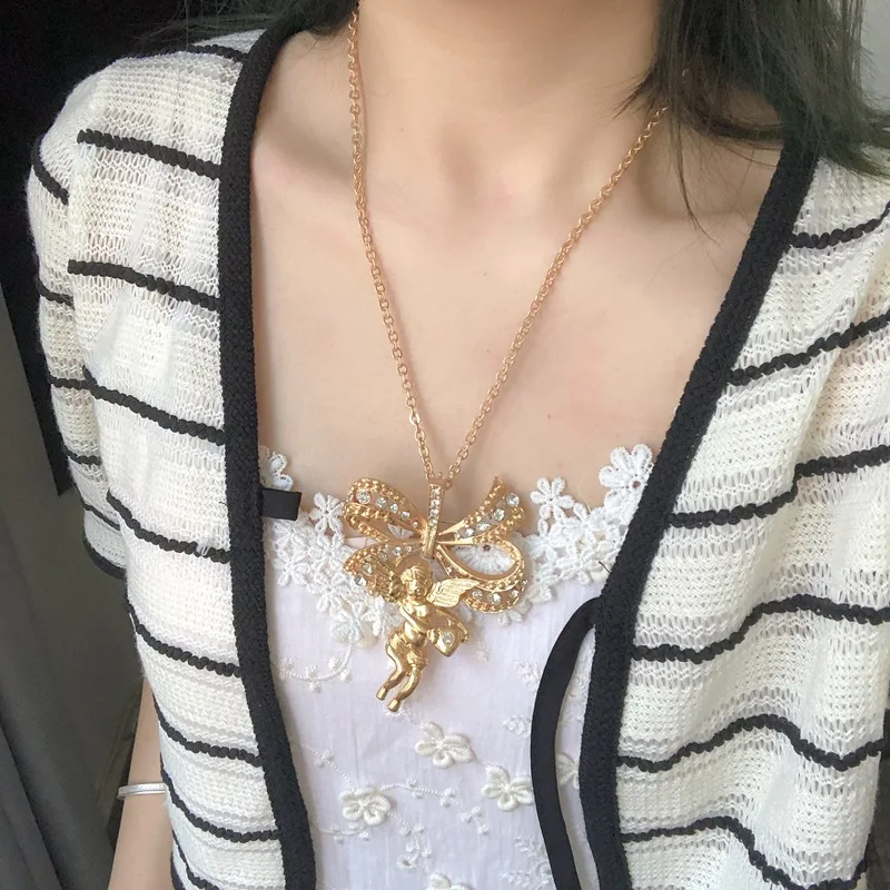 metal necklace real gold-plated long necklace detachable brooch dual-purpose angel diamond retro bow