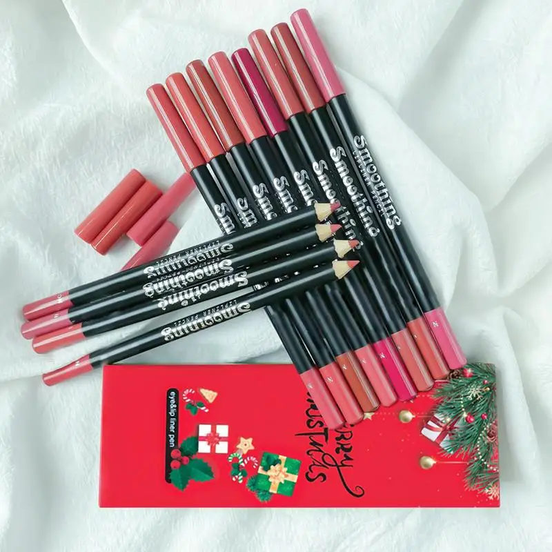 คริสต์มาส Lip Liner Set Matte Lip Liner Lipliners ดินสอ 12 สีแต่งหน้าดินสอยาวนาน Lip Pencil Liner กันน้ํา