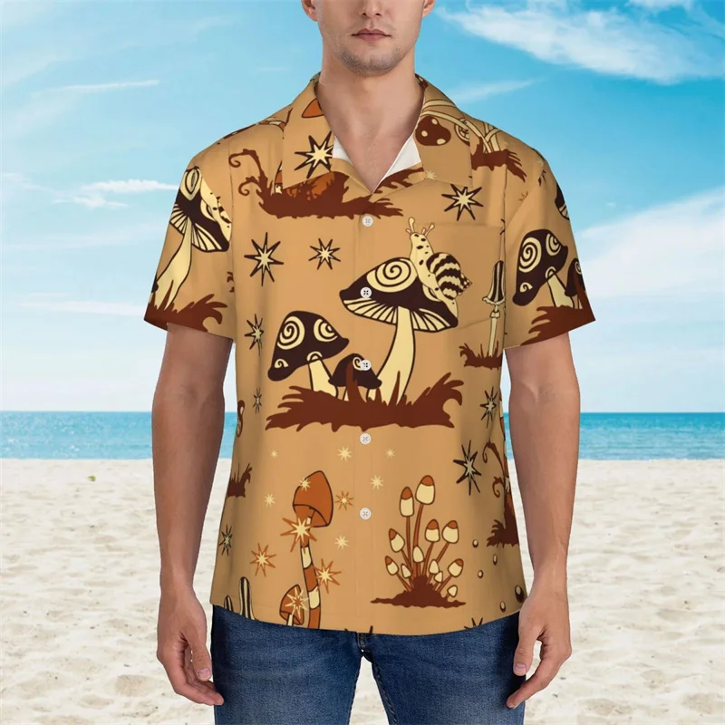 Camicie abbottonate a maniche corte da uomo nuove camicia da spiaggia stampata con funghi della foresta hawaiana camicie hawaiane da donna Casual magliette per bambini