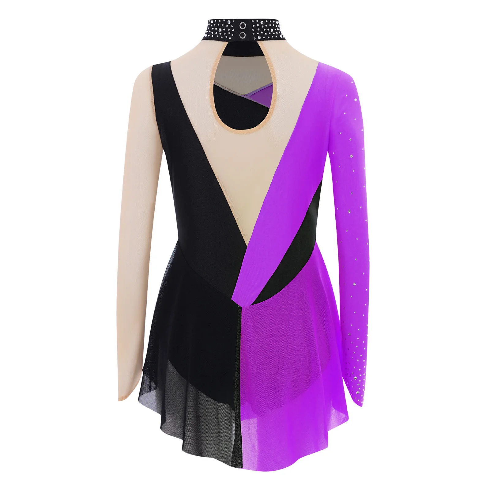 Sukienka do łyżwiarstwa figurowego, baletu, gimnastyki, trykot, sukienka liryczna dla dzieci i dziewcząt, zdobiona cyrkoniami, z blokami kolorów, z przezroczystej siateczki, patchworkowa.