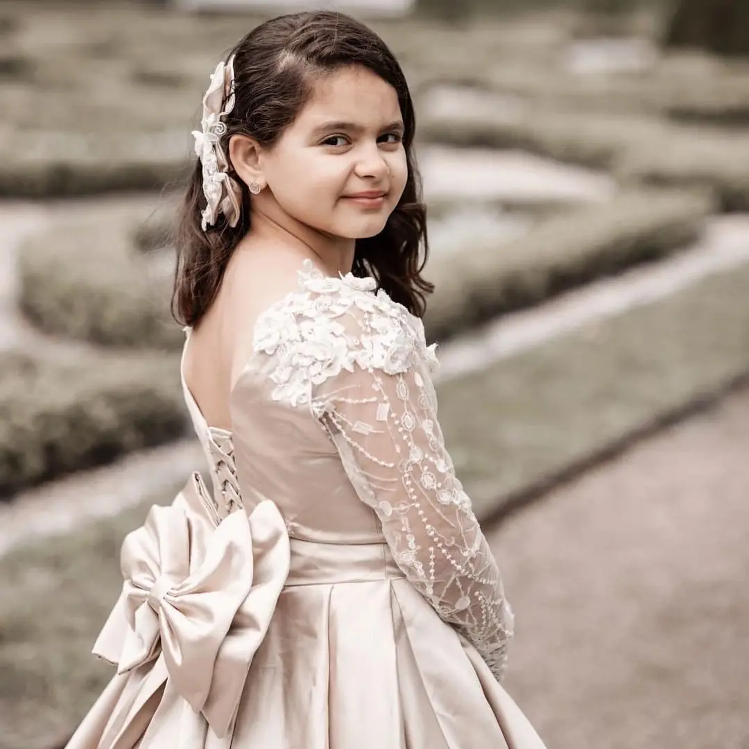 FATAPAESE-vestido de flores para niña, prenda de satén con encaje Floral, manga de ilusión, Princesa, champán, con cordones en la espalda