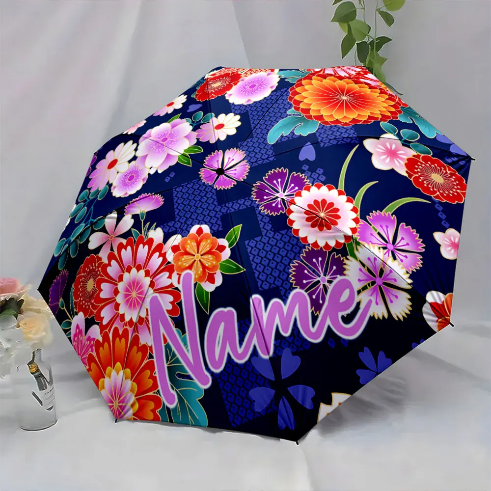 Custom Name Colorful Floral Umbrella Design 8 Iron Ribs Folding Umbrella Auto-Open Fashionable Sunshade Deluxe Gift
