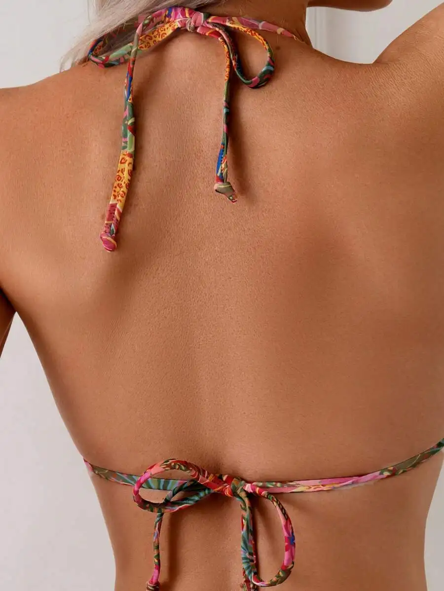 

Vibrant Multicolor Tropical Pattern Halter Tie Bikini Set For Women Summer Beach Wear