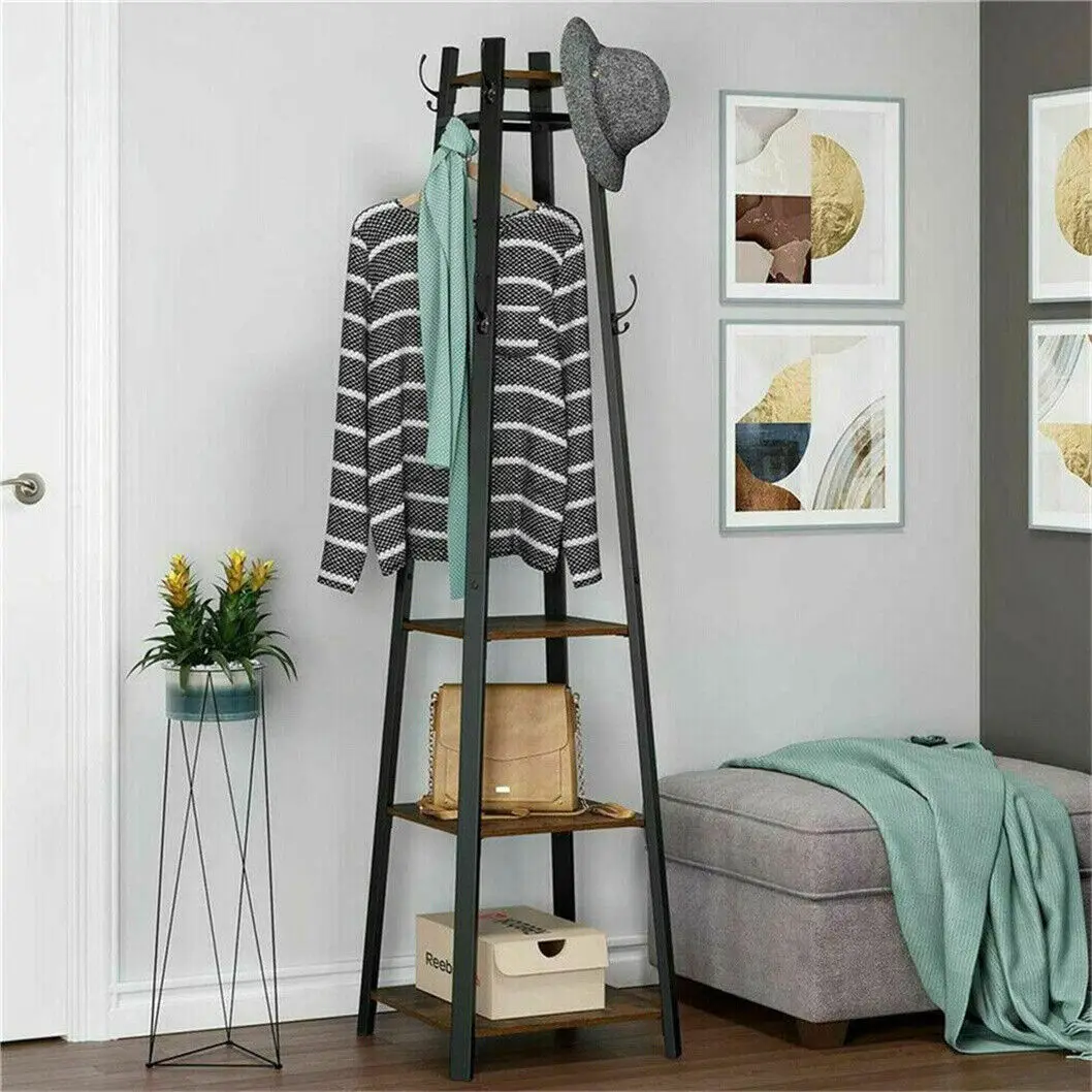 Industrial Coat Rack Stand Metal Garment Storage Stand Freestanding with 4 Shelves 8 Hooks for Clothes Hats Handbags