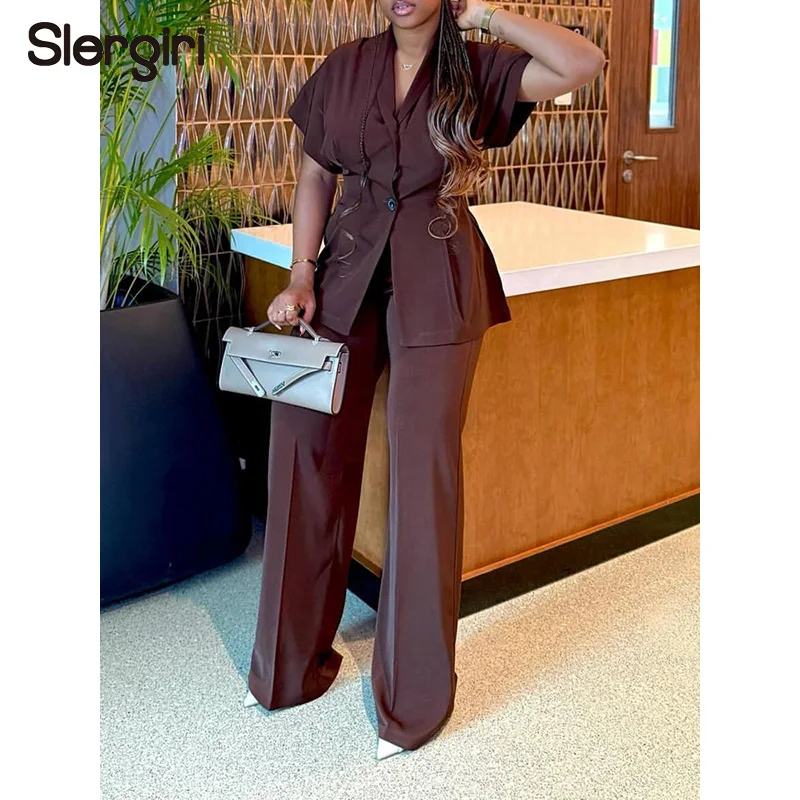 Slergiri Women's Pant Sets Fashion New 2026 Summer Short Sleeve Suit Top + Wide Leg Pants Elegant Office Ladies 2 Pieces Set