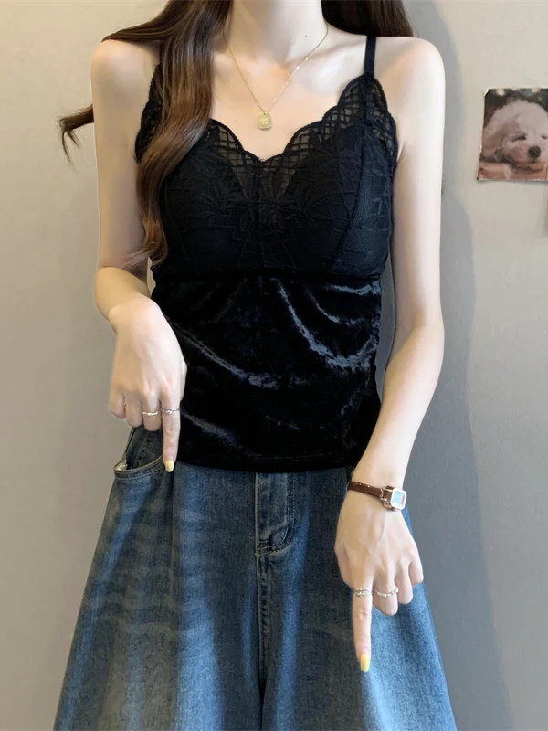 

Velvet Leopard Print Strap Vest Women's Inner Spring Autumn Lace Splicing with Chest Pad Beautiful Ba Piece Svel Top