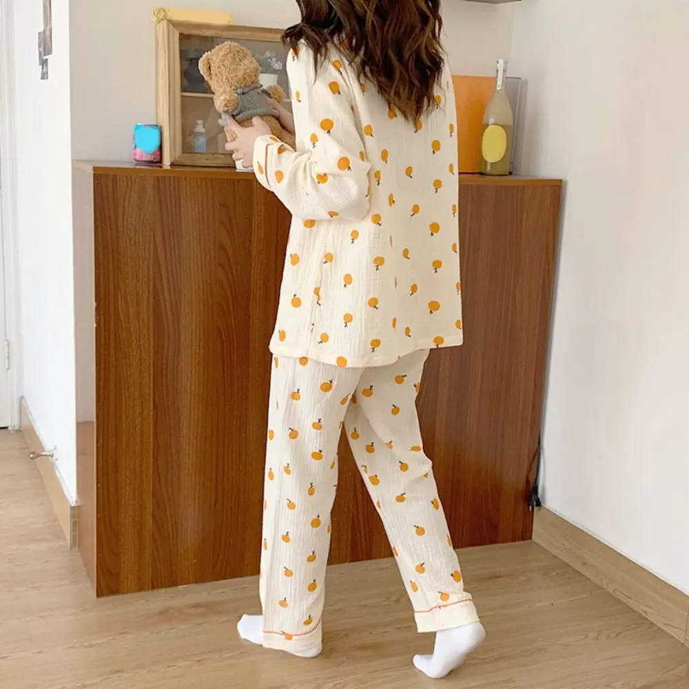 

Fashion V-neck Fruits Pajamas Suit Sweet Loose Two Piece Nightwear Homewear Short-sleeves Orange Nightdress Set Long Style