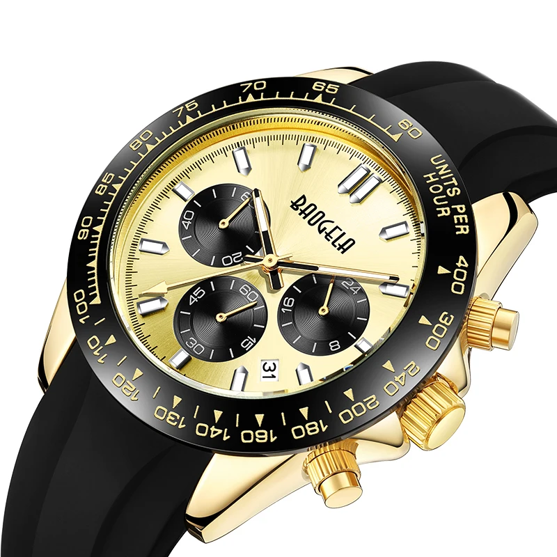 BAOGELA Quartz Watches for Men Fashion Black Gold Silicone Strap Chronograph Wristwatch with Date 24hour Indicator Luminous Hand