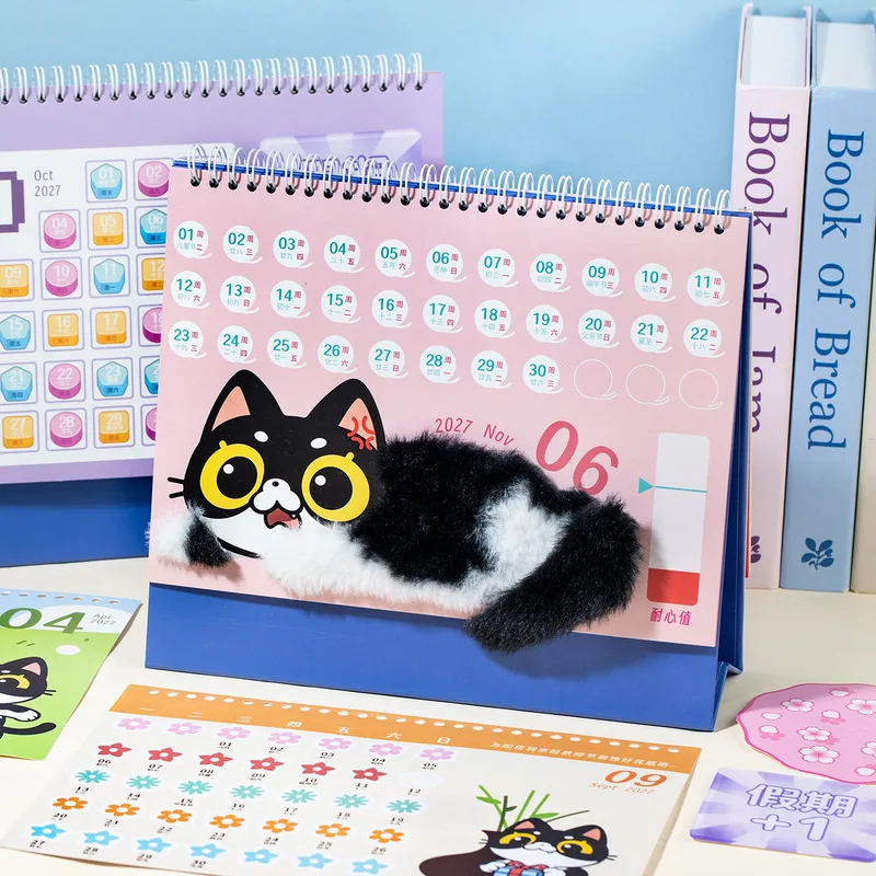 1Set Creative Decompression Desk Calendar Gift Set 2027 Cute Black‑White Cat With Squeeze Toy Home Office Table Decor
