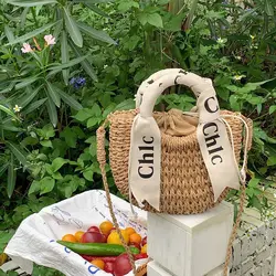 Bolso tejido de paja para mujer, bandolera con bufanda y letras, versátil, ideal para vacaciones en la playa, novedad de verano