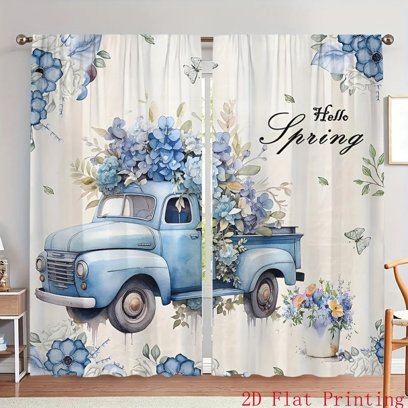 2PCS Digital Print Curtains Blue Vintage Truck Hydrangea Floral Rod Pocket