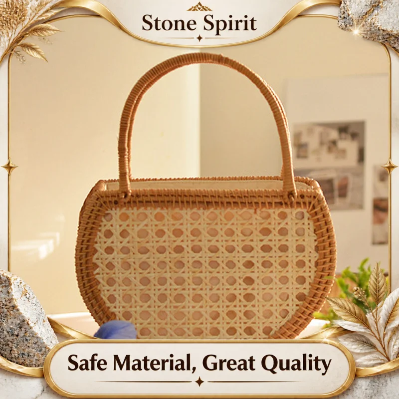 AhunderJiaz Handwoven Rattan Picnic Basket -Boho Beach Tote for Outing Storage,Natural Wicker Carry All Bag Vintage Garden Decor
