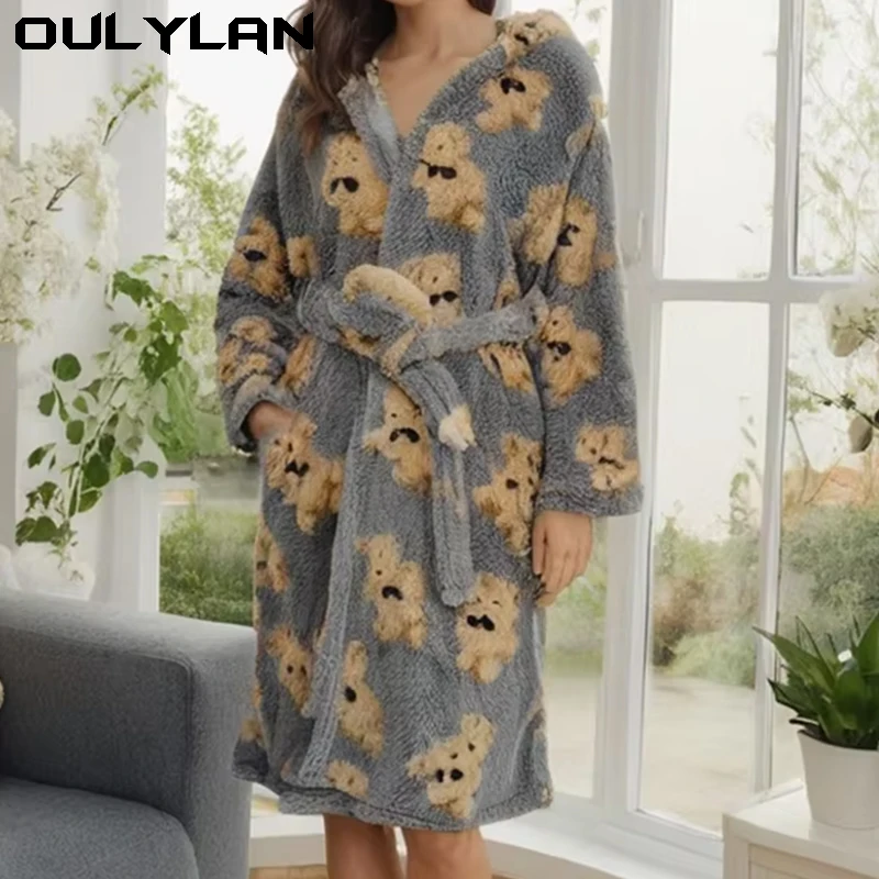 Women's Loose Pajamas Long Thick Bathrobe With Cap Winter Thick Women's Bathrobe Flannel Tri Warm Comfortable