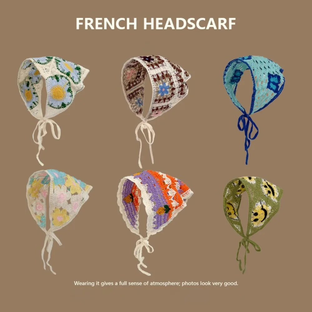 

New Sweet Triangle Headband Handmade Knitted Headwear Cute French Pastoral Style Flower Headscarf Photo Props