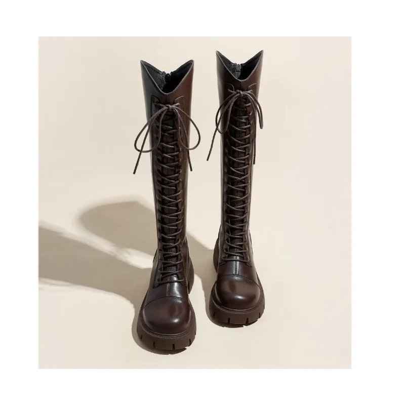 الشتاء منصة الصليب الدانتيل يصل امرأة فارس الأحذية موضة أحذية كعب سميك الشارع نمط الإناث قصيرة أفخم الجوارب الطويلة #5