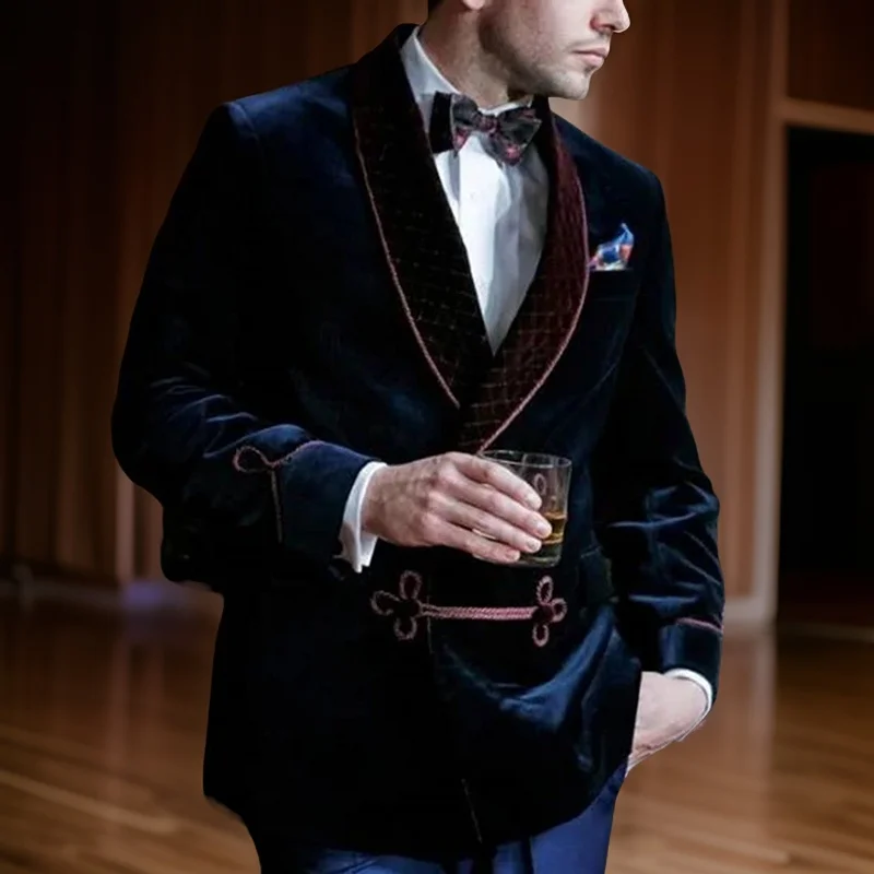 Single Breasted Formal Dinner Blazer Navy Blue Velvet Men Suit Smoking Jacket for Prom Shawl Lapel Custom Male Fashion Coat 2024