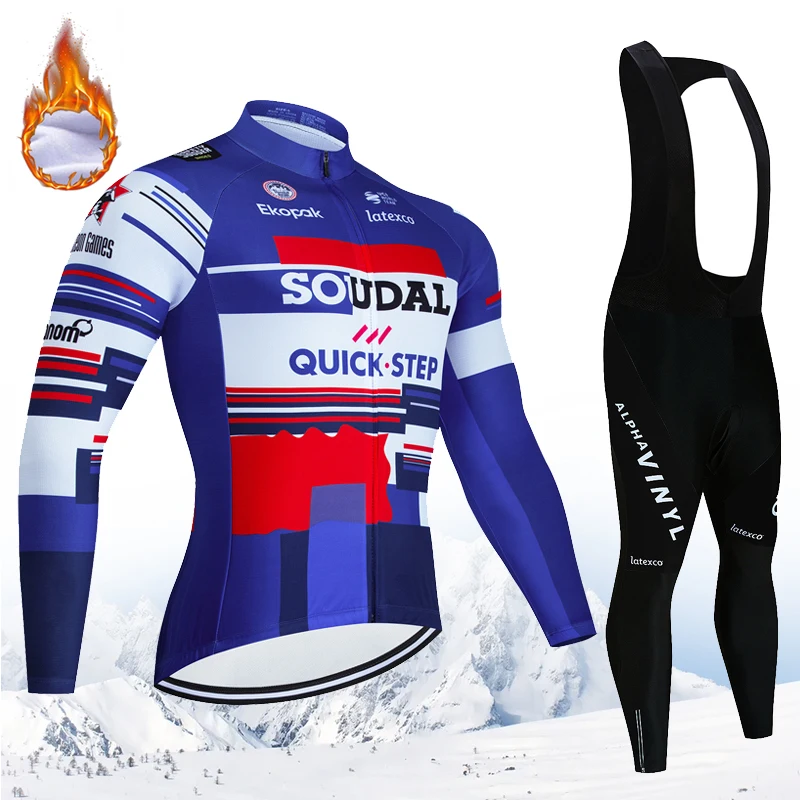 Quick Step Winter Thermisch Fleece Cycling Jersey Set Maillot Ropa Ciclismo Mouw Mountian Bike Dragen Warme Fietskleding