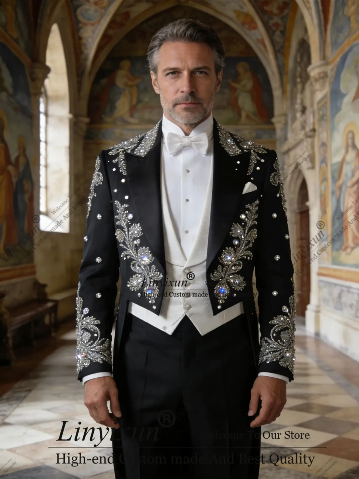 Gentlemanly Style Gem Crystals Men Suits Groom Tuxedos Customized Wedding trajes para hombre Slim 3 Pieces Male Prom Blazer