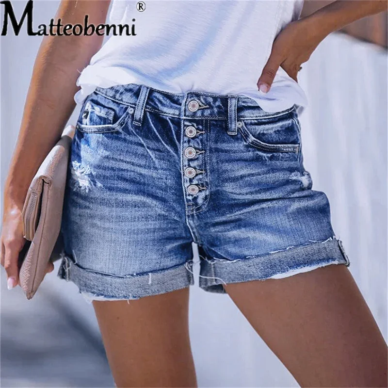 Summer Women Sexy High Waist Jeans Ripped Casual Slim Female Fashion Elastic Blue Buttons Washed Short Denim Shorts