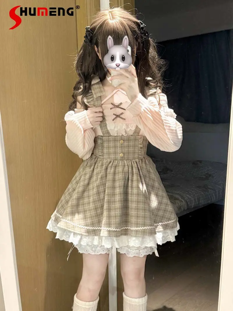 

Japanese Style Cute Sweet Girl Bow Off-Shoulder Long Sleeve Knitted Shirt Top Plaid Lace Strap Skirts Two Piece Set for Women