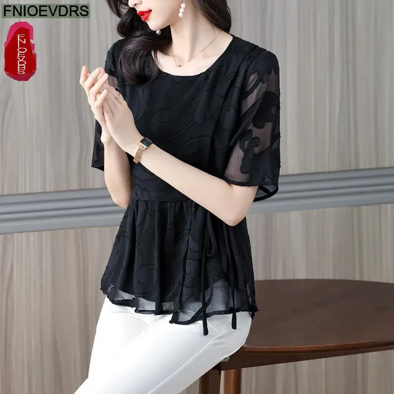 M-4XL 2023 Women European Style Elegant Office Lady Work Basic Shirt Belly Black Tunic Peplum Bow Tie Lace-Up Top Blouses