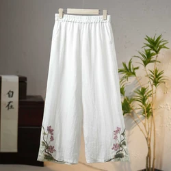 Summer Chinese Style National Style New Women Color Blocked Embroidered Ethnic Cotton Linen Retro Loose Elastic Wide Leg Pants