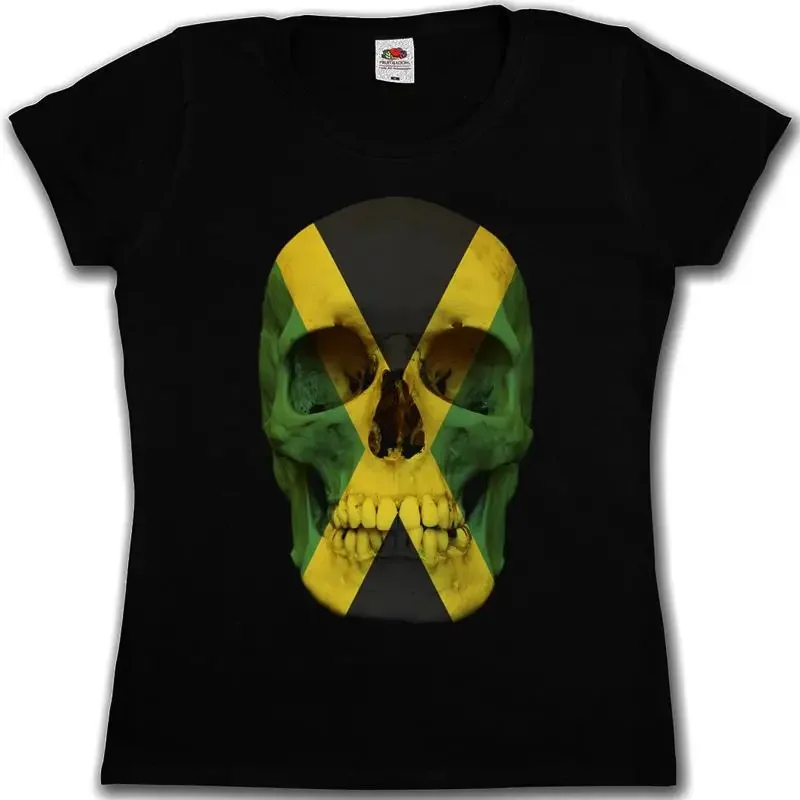 Camiseta de Mujer con Diseño de Calavera y Bandera de Jamaica, Estilo Motero, Reggae, Rasta, Irie