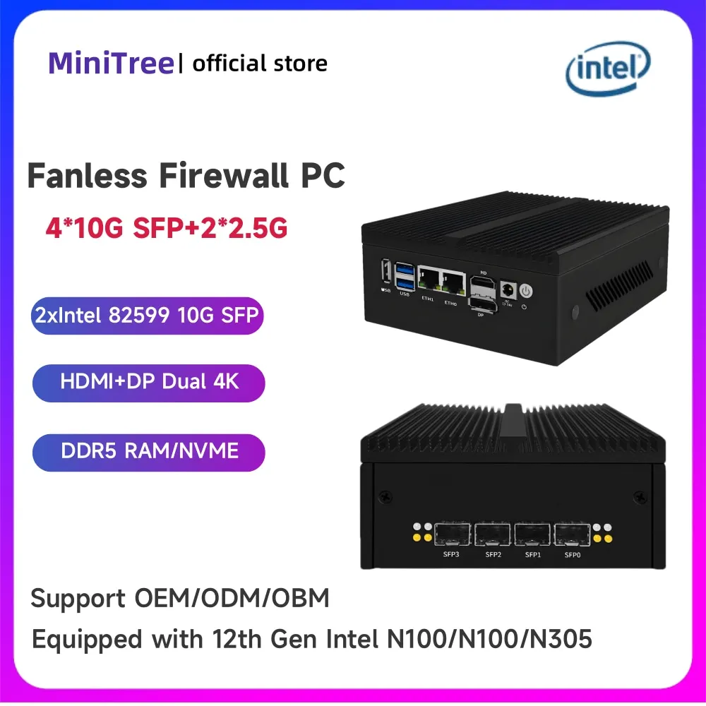 12th Gen Intel N100 Firewall Mini PC 2*10G/4*10G SFP Port 2xi226 2.5G Lan Fanless Soft Router 8GB RAM Pfsense OPNsense Computer