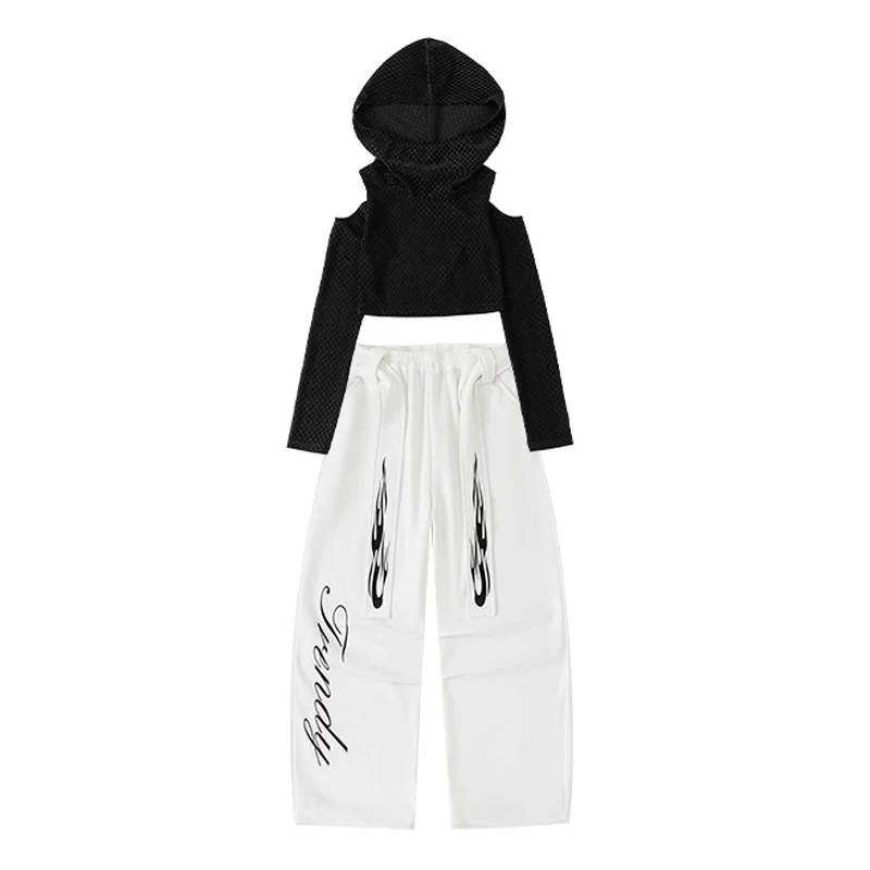 Ropa informal estilo Hip Hop para niñas, baile Kpop, Top negro con capucha, pantalones Cargo, conjunto de ropa de traje de baile de Jazz para niños