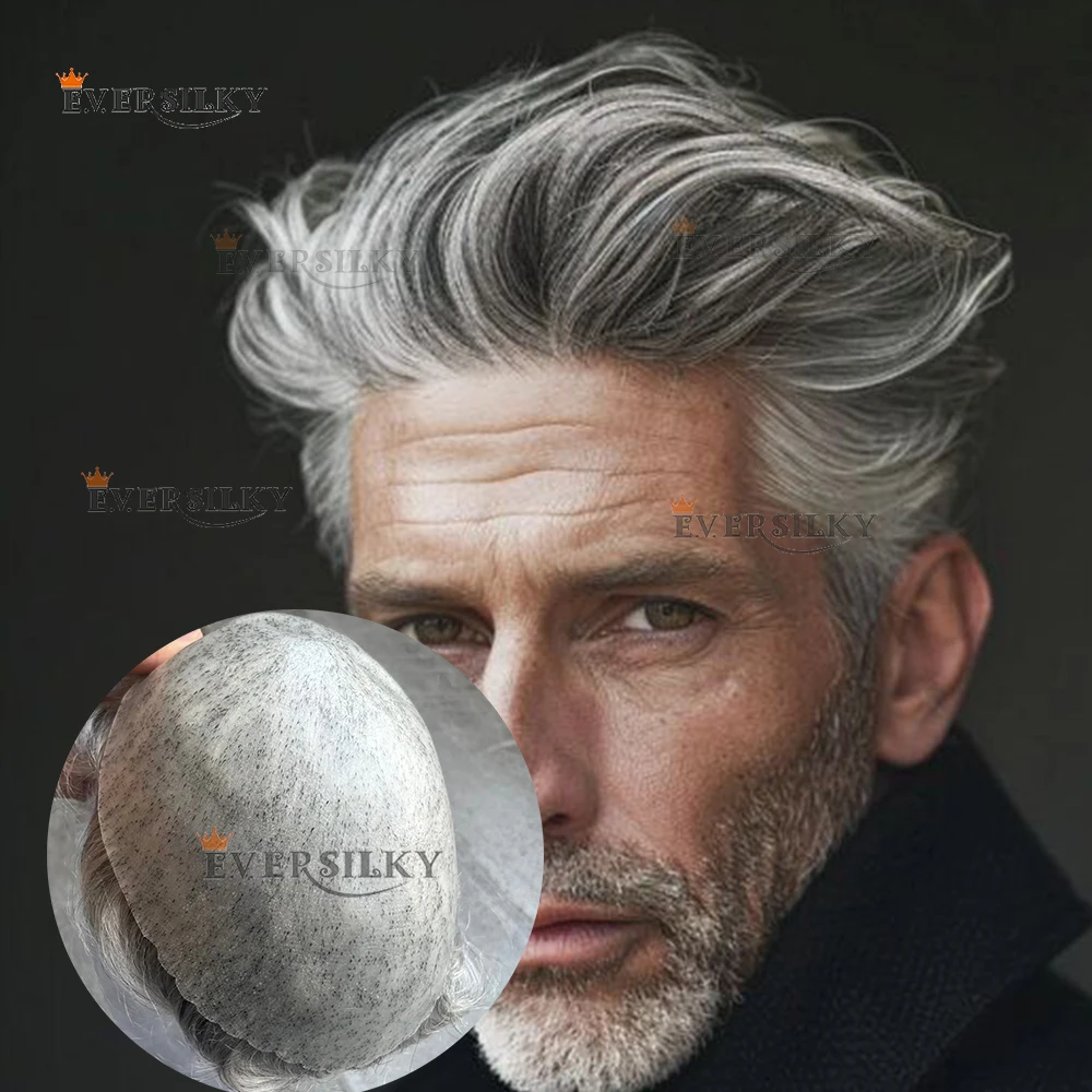 1B50 1B65 Grey Black Brown Blonde European Human Hair Durable Thin 0.1mm Skin Injection PU Toupee for Bald Male Soft Wavy Patch
