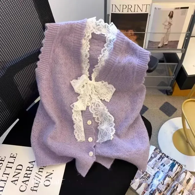 Woman Lace Bow Knitted Vest 2025 Spring Autumn V-neck Sleeveless Cardigan Female Korean Fashion Loose All-match Short Waistcoat