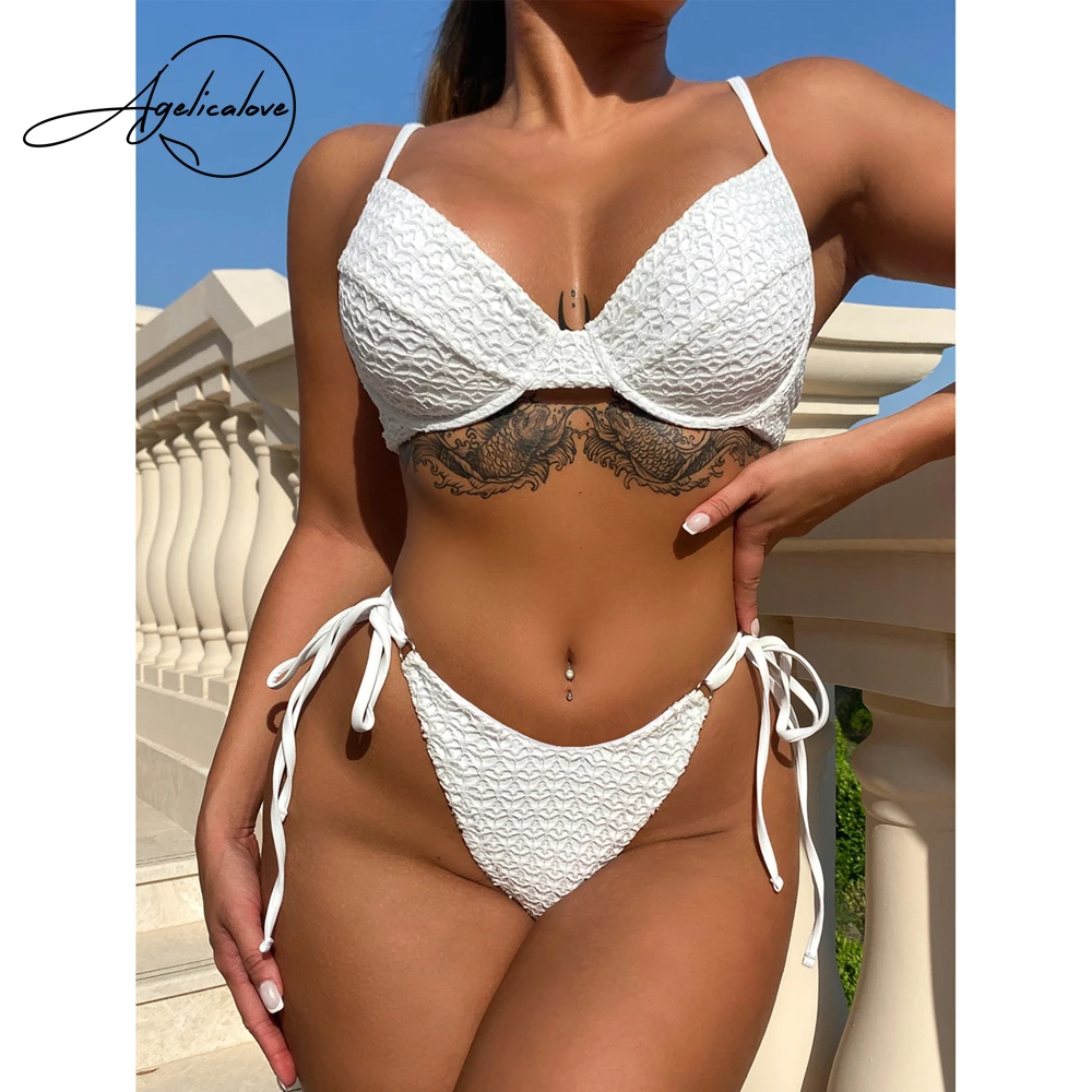 

AGELICALOVE Solid Ruffles Push Up Bikini Set Women Sexy Side Bandage Micro Thong Swim Wear Beach Swimwear 2 Pieces Sets Swimsuit