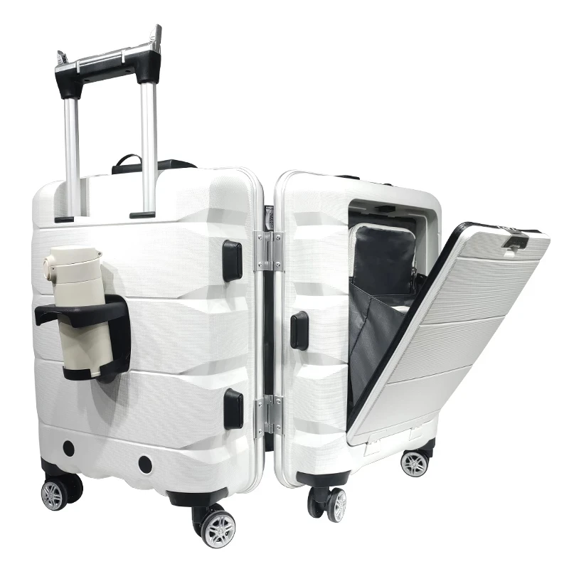 

Travel Durable PP Trolley Suitcase Rolling Hard Shell Spinner Luggage Set with Front Opening Laptop Mobile Cup Holder