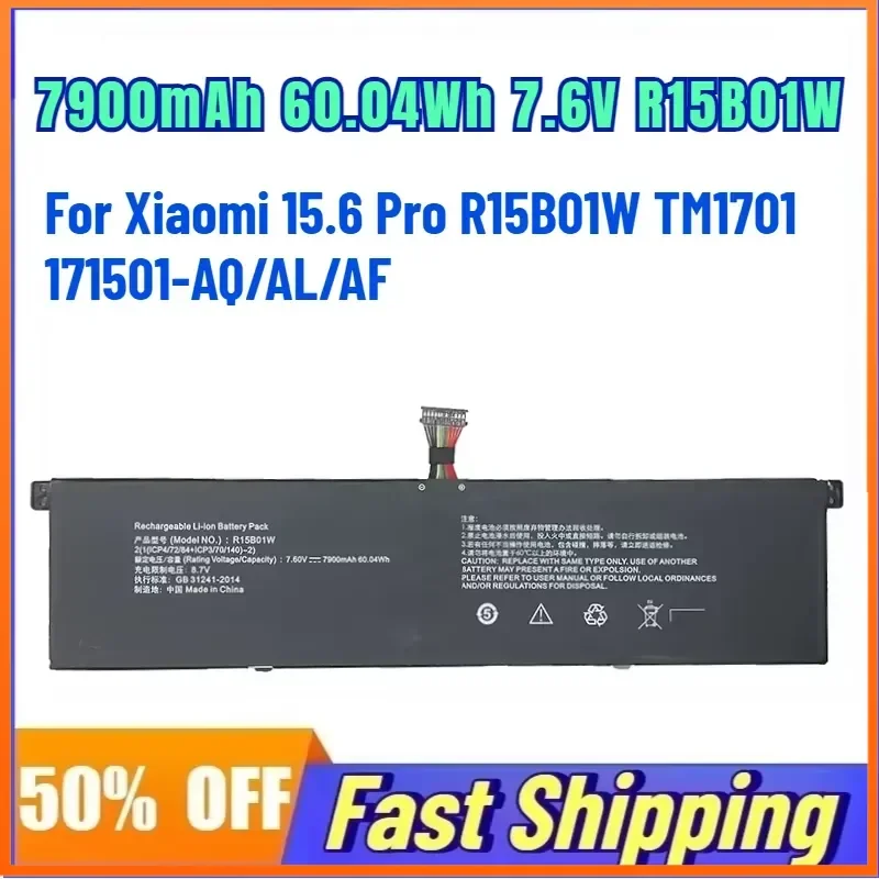 7900mAh 60.04Wh 7.6V R15B01W Laptop Battery for Xiaomi 15.6 Pro R15B01W TM1701 171501-AQ/AL/AF Replace Rechargeable Battery