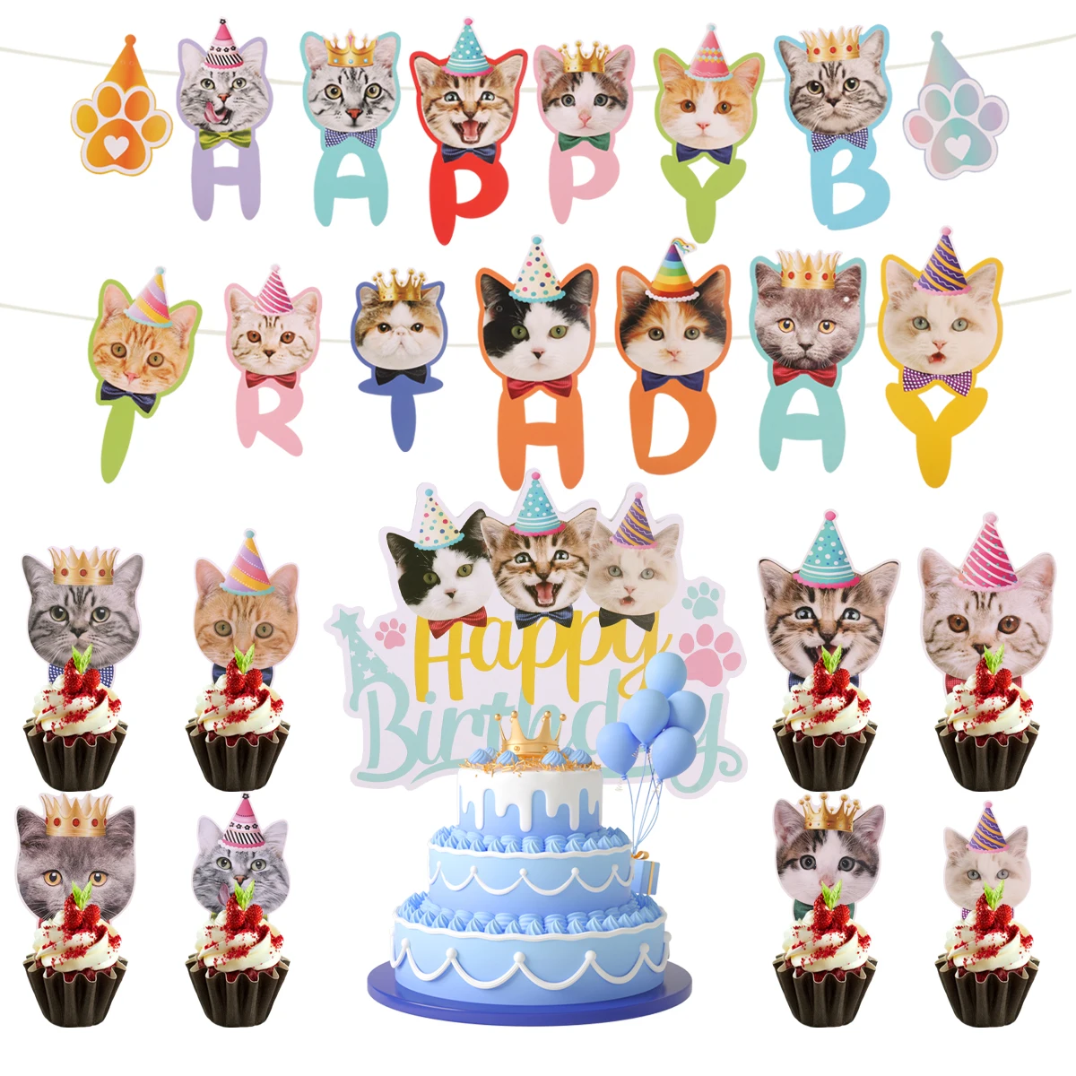 Pet Cats Theme Bunting Banner Pull Wall Flags Happy Birthday Party Decoration Garland for Cat Birthday Decoration Supplies