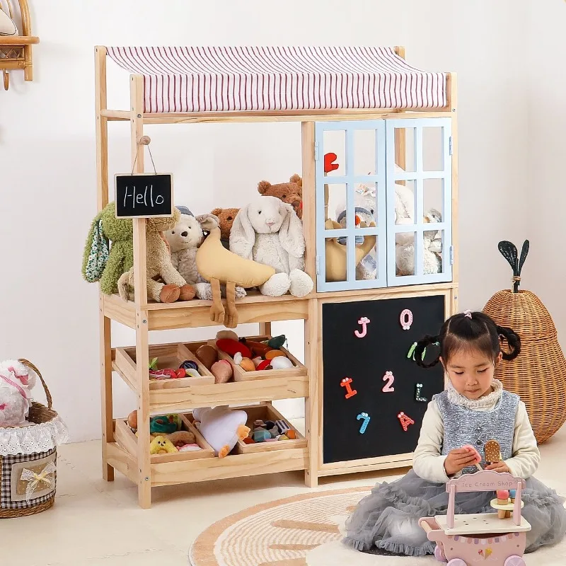 Toy storage rack, solid wood play house store room layout drawing board picture book rack integrated
