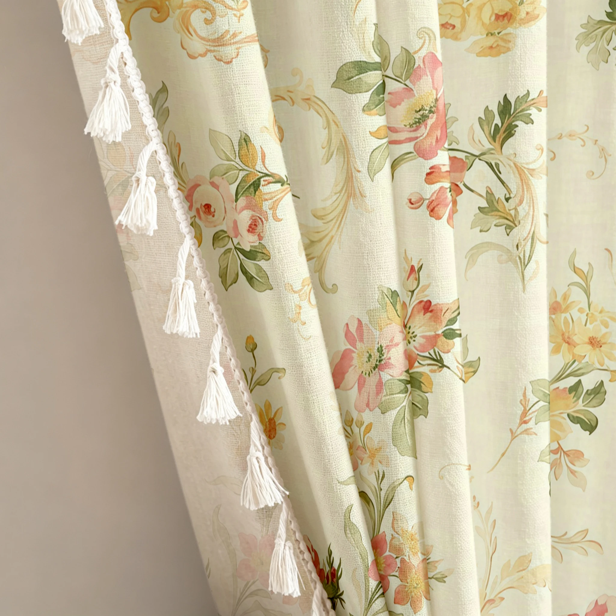 1PC Vintage Tassel Sheer Curtains, French Rose Floral, Digital Print, Linen Polyester, Bedroom Living Room Kitchen, Home Decor