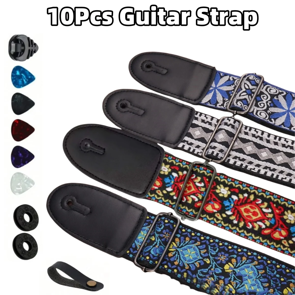 

10 шт., ремень для гитары с вышитым принтом, регулируемый ремень для гитары в винтажном этническом стиле, в комплект входит 5 медиаторов и 1 держатель