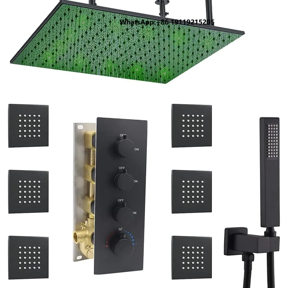 24 Inch LED Wall Mount Single Rain Shower Head Matte Black Brass Concealed Thermostatic Jet Massage Shower System Set for Hotel