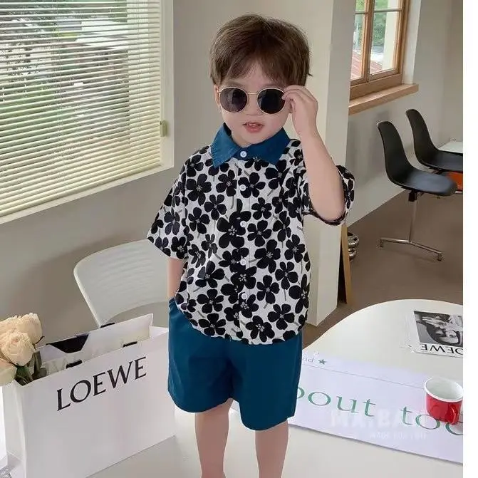 Children Clothing 2023 New Fashionable Flower Suit Baby Short Sleeve Shirt Shorts Handsome Retro Casual Shorts Two Piece Set