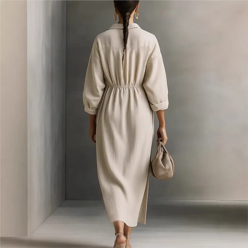 Women's Turndown Collar Side Slit Shirt Dress Spring Drawstring Waist Slim Vintage Dress Elegant  Ruched Dress Loose Robes