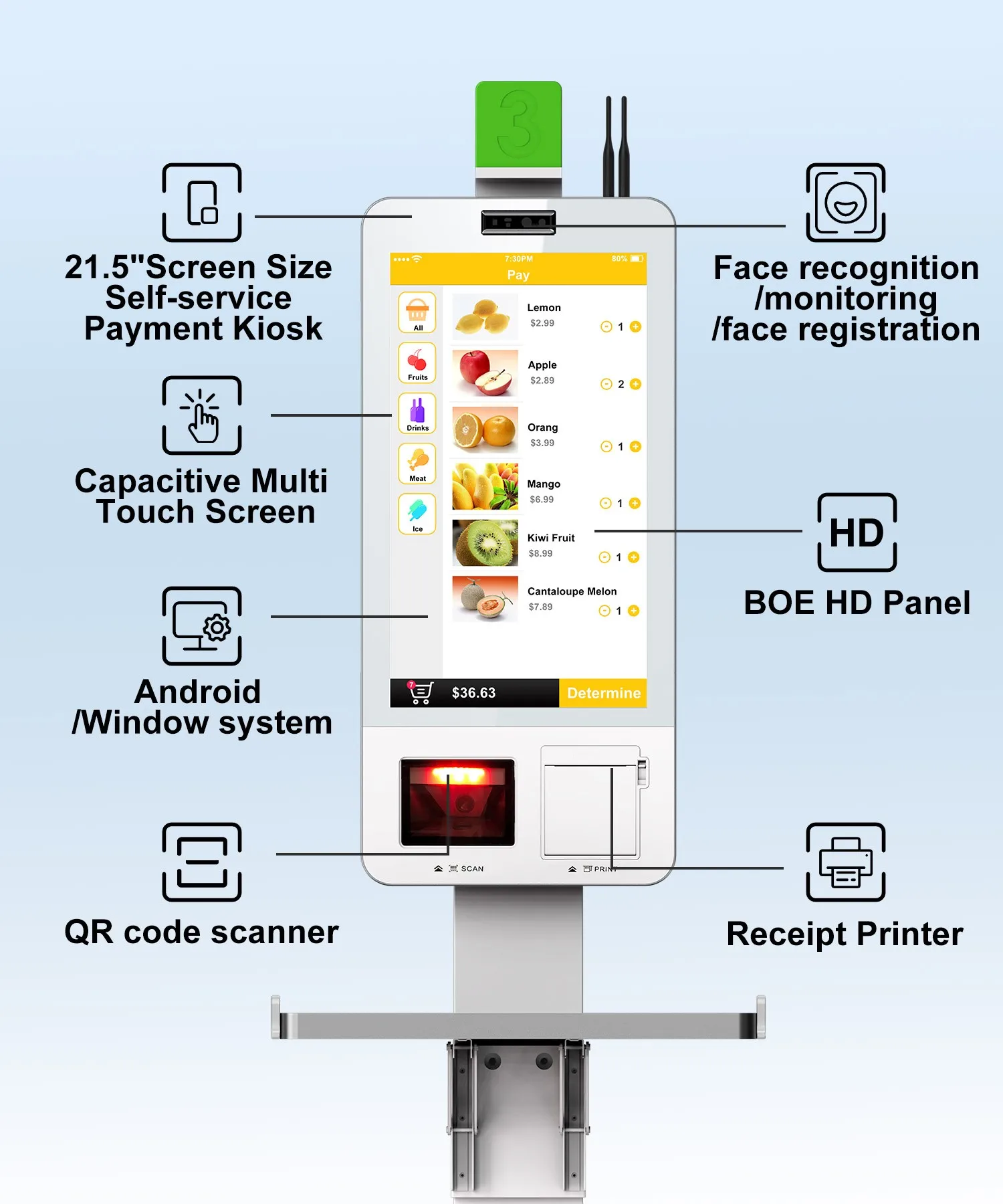21,5 polegadas Android/Windows OS Self Service Pagamento Quiosque Máquina Hotel Auto Verificação no Quiosque de Vending Self Service