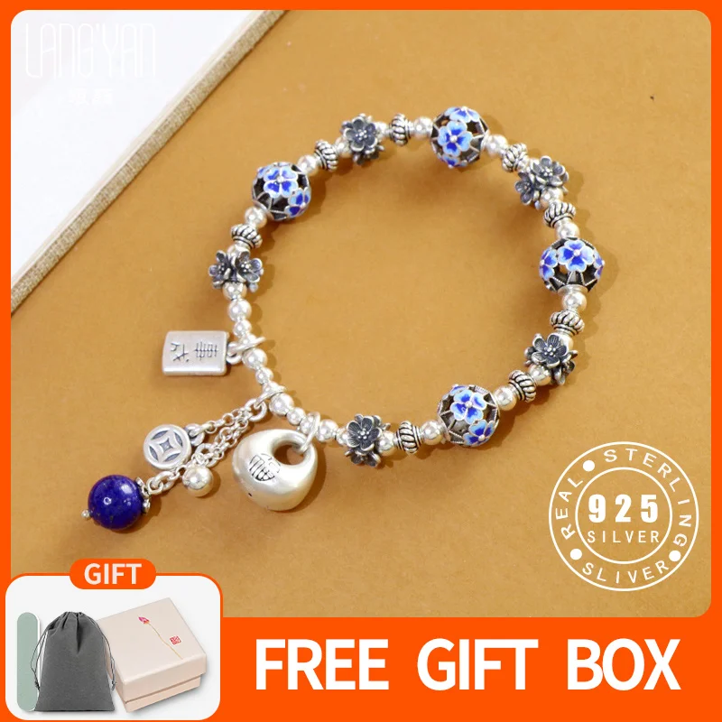 

Langyan 925, настоящий серебряный эмалированный цветочный браслет для женщин, винтажные этнические браслеты из серебра 925 пробы, китайские ювелирные изделия, подарок SL205