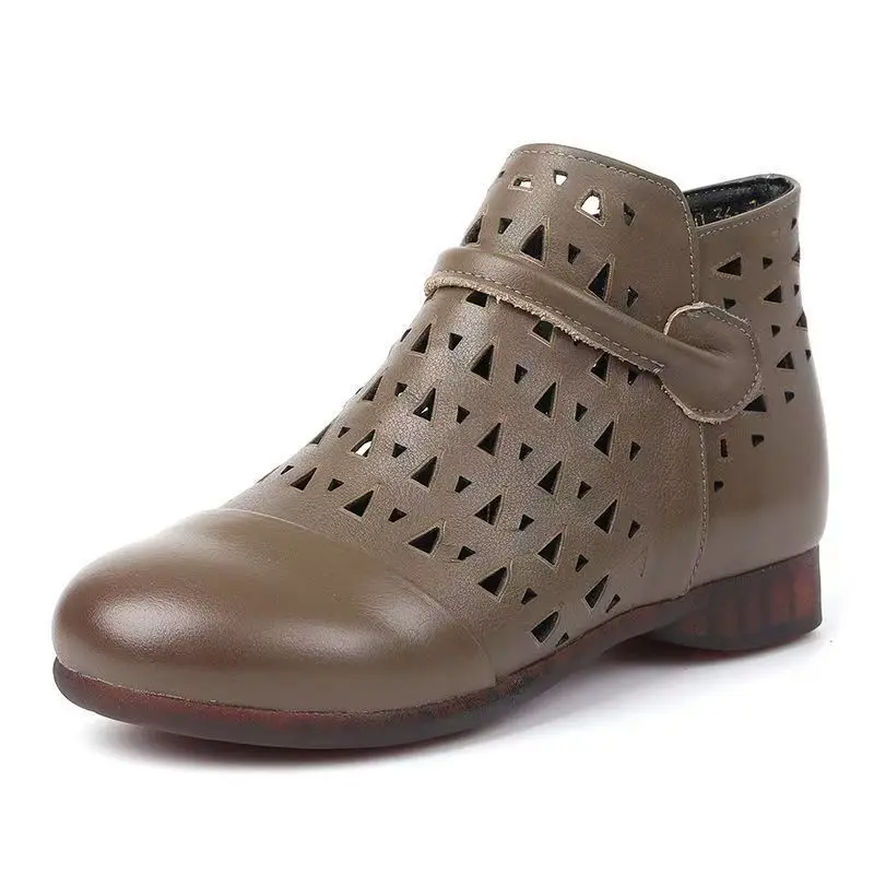 2026 New Women Genuine Leather Flat Sole Cool Boot Spring Summer Soft Sole Round Toe Hollow High Quality Out Big Size Ankle Boot